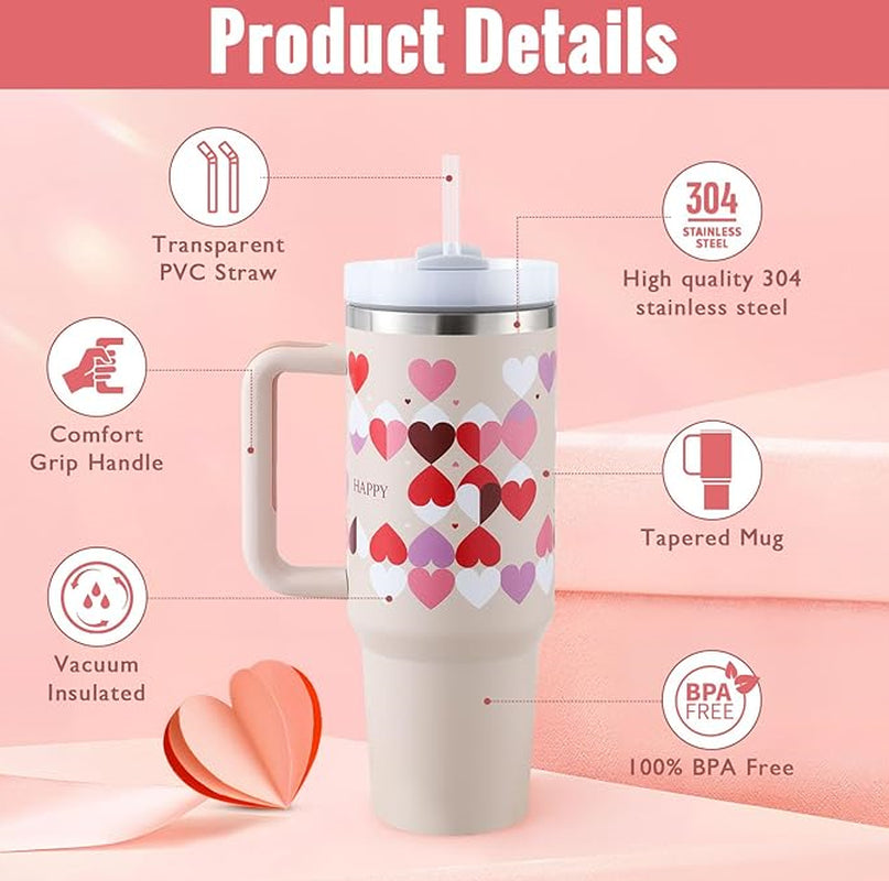 40 Oz Tumbler with Handle Straw Insulated, Stainless Steel Spill Proof Vacuum Coffee Cup Tumbler with Lid Tapered Mug Gifts for Valentine Lover Suitable for Car Gym Office Travel